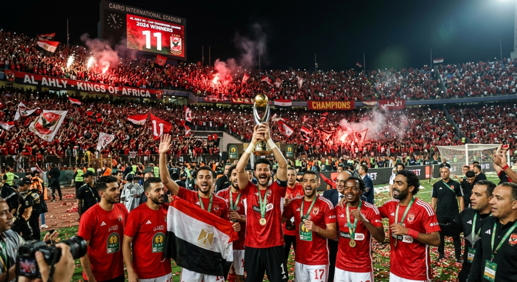 Al Ahly players celebrating a CAF Champions League title with the trophy at a packed Cairo International Stadium
