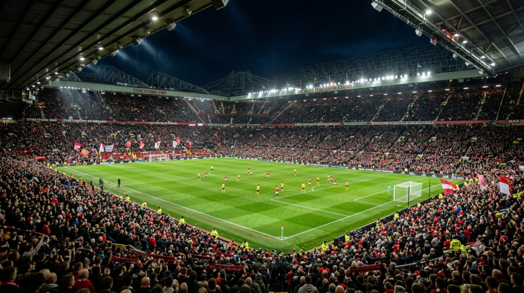 Premier League stadium - Anfield or Old Trafford under floodlights